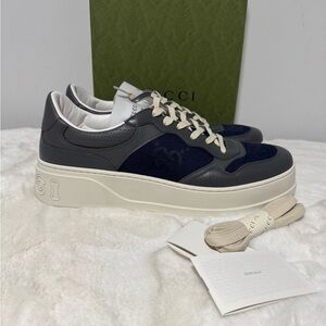Gucci Navy, Gray & Cream Men’s Leather Mesh Platform Sneaker
